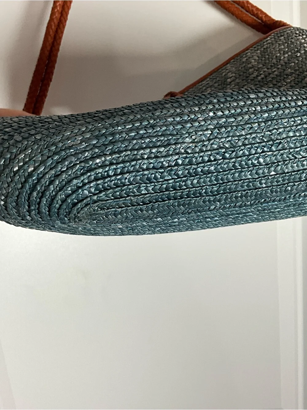 Cole Haan Blue/Gray Woven Straw Raffia Shoulder Bag with Brown Trim